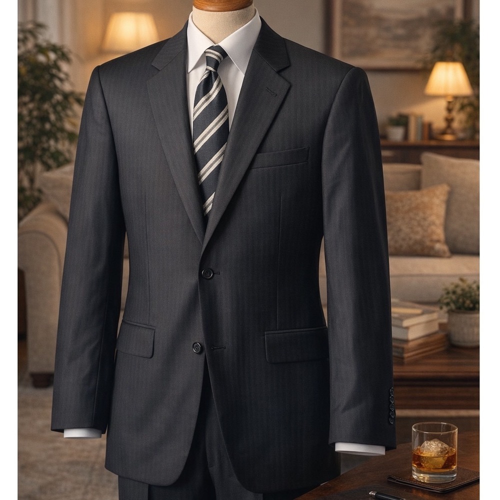Jos A Bank Signature Collection Mens 42L Black Striped 100% Wool Blazer Jacket